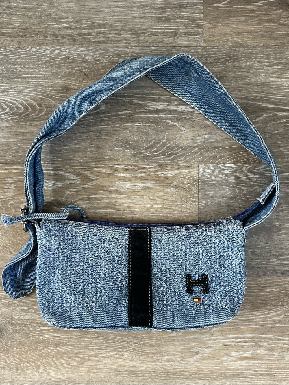 Y2K Tommy Hilfiger distressed denim mini hobo shoulder bag